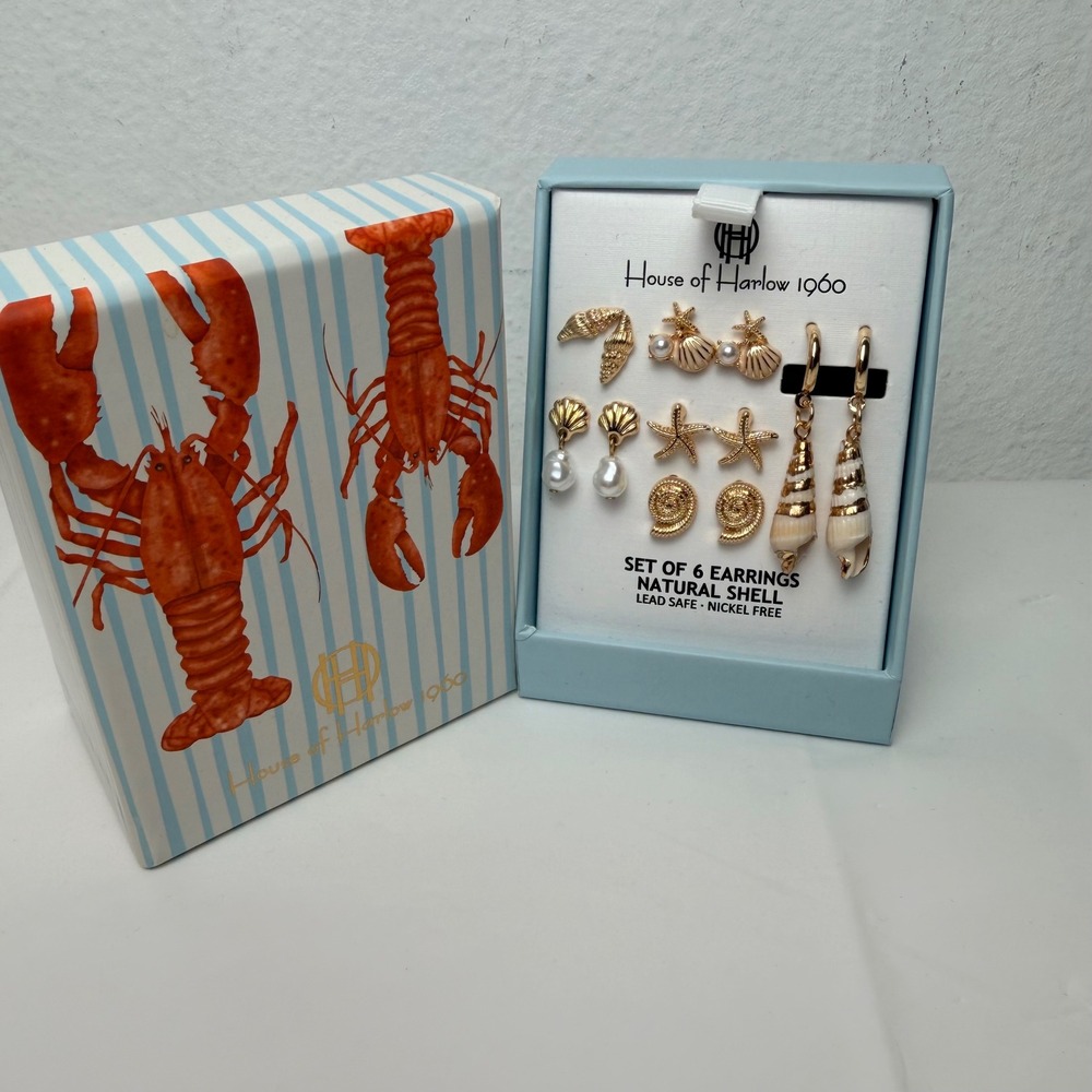 House of Harlow 1960 Set of 6 Natural Shell Earrings Gold Tone Starfish Pearl - Picture 3 of 5